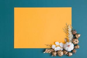 Autumn flat lay with golden and white and copy space photo