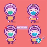 The collection of cute Muslim characters wearing masks vector