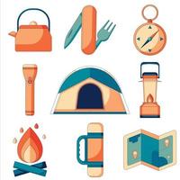 A set of flat icons of camping and survival in the wild. vector