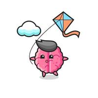 brain mascot illustration is playing kite vector