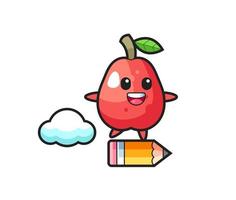 water apple mascot illustration riding on a giant pencil vector