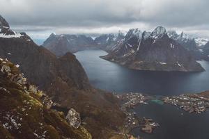 Scenic landscape of Lofoten islands peaks, lakes, and houses photo