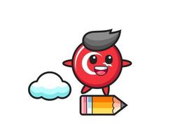 turkey flag badge mascot illustration riding on a giant pencil vector