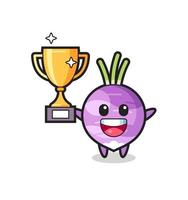 Cartoon Illustration of turnip is happy holding up the golden trophy vector