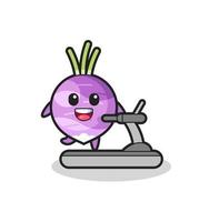 turnip cartoon character walking on the treadmill vector