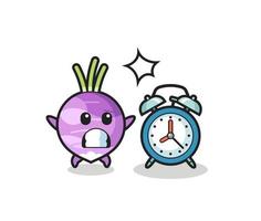 Cartoon Illustration of turnip is surprised with a giant alarm clock vector