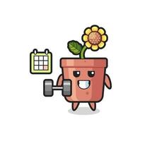 sunflower pot mascot cartoon doing fitness with dumbbell vector