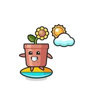 Illustration of sunflower pot cartoon do surfing on the beach vector