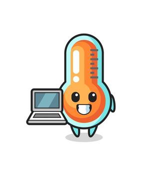 Ilustración de mascota de termómetro con una computadora portátil vector