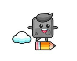 safe box mascot illustration riding on a giant pencil vector