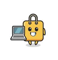 Mascot Illustration of shopping bag with a laptop vector