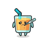 Personaje de mascota de jugo de naranja con condición de fiebre. vector