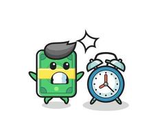 Cartoon Illustration of money is surprised with a giant alarm clock vector