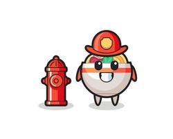 Personaje mascota de tazón de fideos como bombero. vector