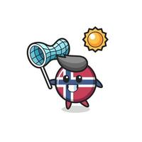 norway flag badge mascot illustration is catching butterfly vector