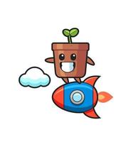 plant pot mascot character riding a rocket vector