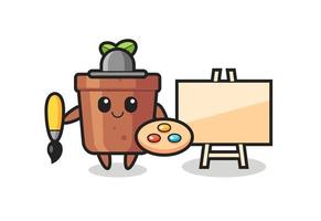 Illustration of plant pot mascot as a painter vector