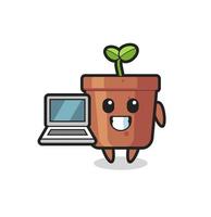 Ilustración de mascota de maceta con una computadora portátil vector