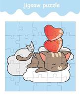 jigsaw puzzle game of cat in cloud with hearts cartoon vector