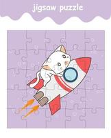 jigsaw puzzle game of cat is riding rocket cartoon vector