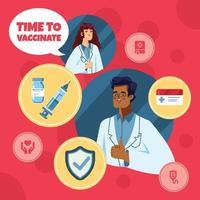 Los médicos promueven la vacunación con el concepto de iconos médicos vector