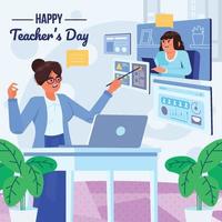 Teacher Teach Online with Her Laptop Concept vector