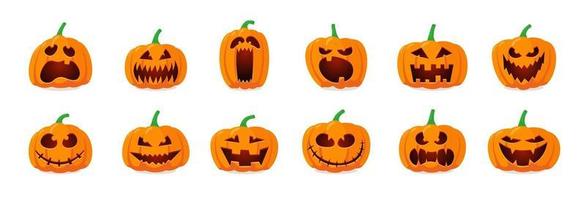 Halloween monster jack lantern orange pumpkin carved scary face set vector