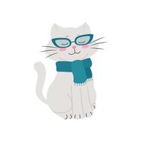 White cat with glasses and scarf around his neck, funny pets, vector