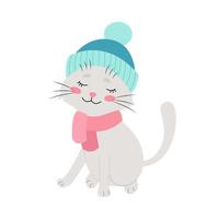 gato en un sombrero de invierno, mascotas divertidas, ilustración vectorial. vector