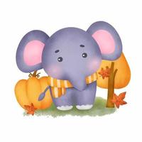 Hand drawn Autumn time with a cute elephant in watercolor style. vector