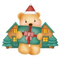 Watercolor  christmas card with cute teddy bear. vector