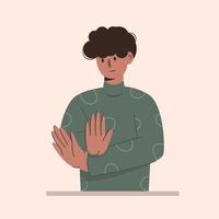 Serious young man showing a gesture stop or no in flat design vector