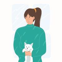 girl hugging a cat Portrait of happy pet owner illustration vector