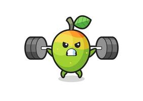 mango mascot cartoon with a barbell vector