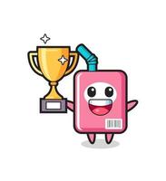 Cartoon Illustration of milk box is happy holding up the golden trophy vector