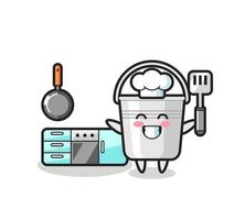 ilustración de personaje de cubo de metal mientras un chef está cocinando vector