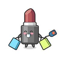 dibujos animados de mascota de lápiz labial sosteniendo una bolsa de compras vector