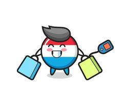 luxembourg flag badge mascot cartoon holding a shopping bag vector