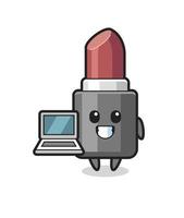 Ilustración de mascota de lápiz labial con una computadora portátil vector