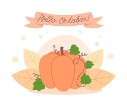 tarjeta de otoño con calabaza, hola octubre vector