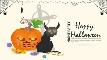 gato negro enojado con una calabaza en el fondo del halloween vector