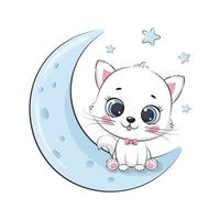 Cute baby cat sitting on the moon. Vector illustration.