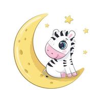 Cute baby zebra sitting on the moon. Vector illustration.