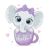 lindo bebé elefante en taza. ilustración vectorial. vector