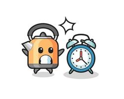 Cartoon Illustration of kettle is surprised with a giant alarm clock vector