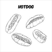 Diferentes vistas de hotdog, sktech en blanco y negro. vector