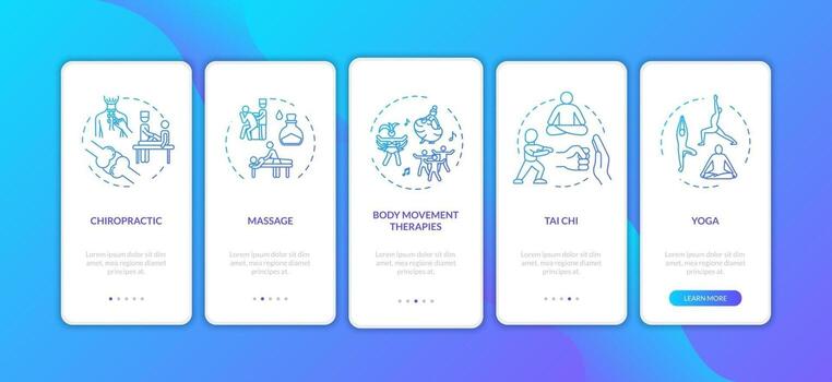 Pantalla de la página de la aplicación móvil de incorporación de medicina complementaria con conceptos vector