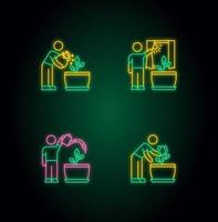 Indoor gardening stages neon light icons set vector