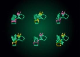 Conjunto de iconos de luz de neón de cuidado de plantas de interior vector