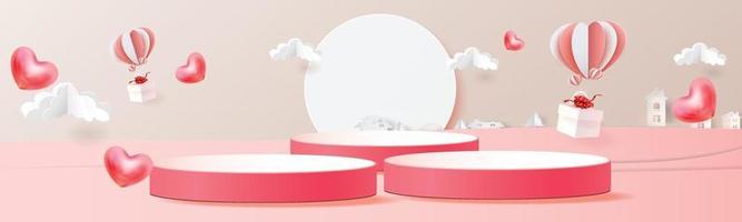 3d red product podiums background for valentine. pink and paper heart vector